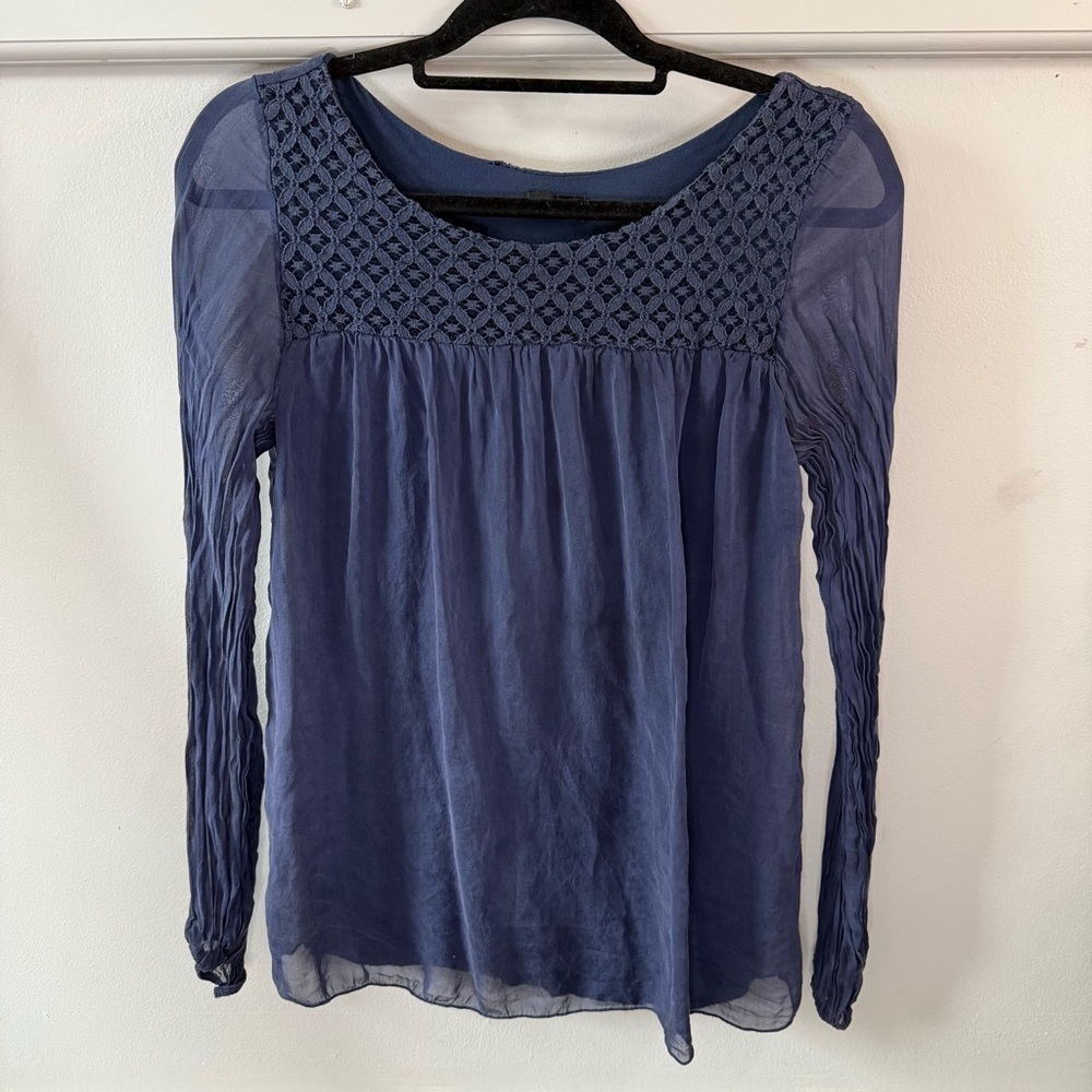Cosmo Women's Blue Navy Sheer Long Sleeve Top Blouse Lace Neckline Detail